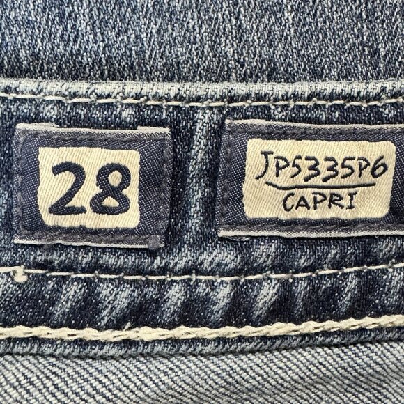 Miss Me Jeans Women 28 Blue Capri Low Rise Flap Pockets Distressed Stretch Denim - Picture 6 of 13